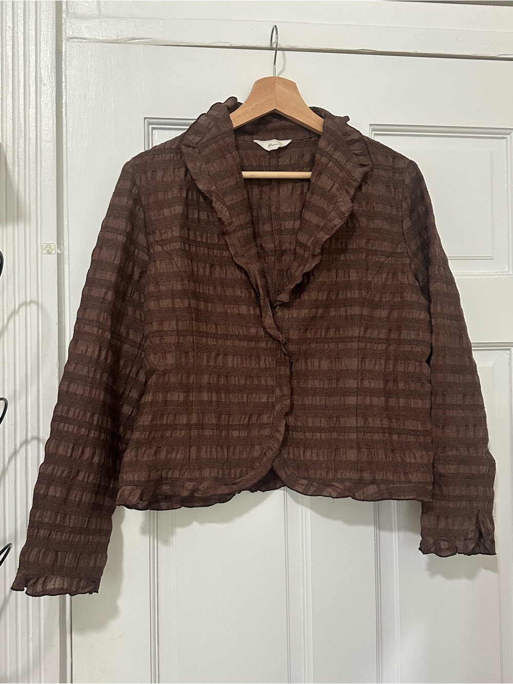Vintage Brown Textured Ruffle Collar Blazer